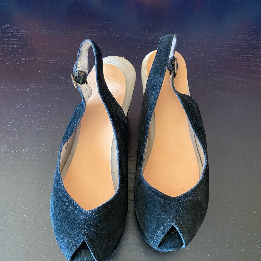 Bloomingdale's Black Suede Peep-Toe Wedge Sandals - Picture 3 of 7